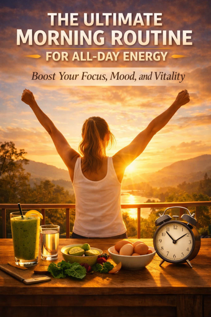 ultimate morning routine for all-day energy — woman embracing golden sunrise with healthy breakfast on balcony