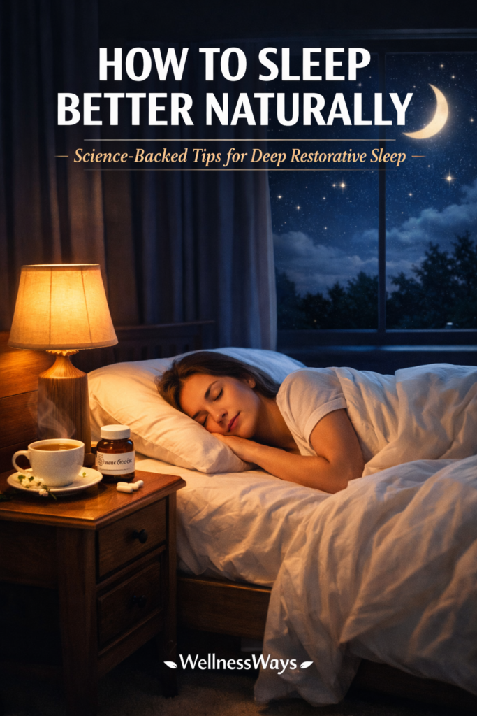 how to sleep better naturally — woman sleeping peacefully in dark bedroom with chamomile tea and magnesium on nightstand