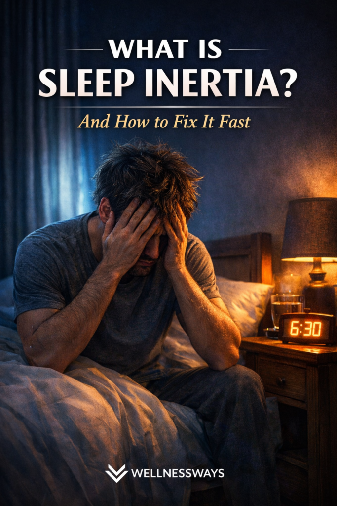 what is sleep inertia — groggy man sitting on bed edge with head in hands, alarm clock showing 6:30 in dark bedroom